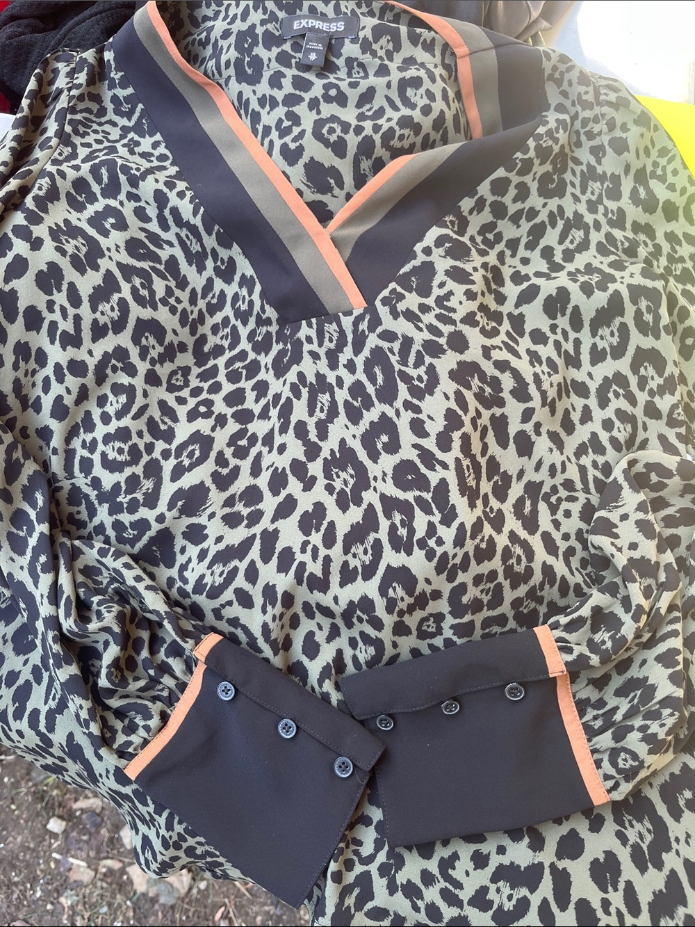 Express Olive and Black Leopard-Print V-Neck Blouse with Coral Trim